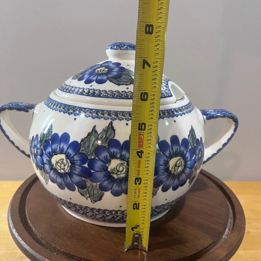 Vtg Polish Pottery Blue Floral Soup Tureen Set with Lid and Ladle Hand Painted